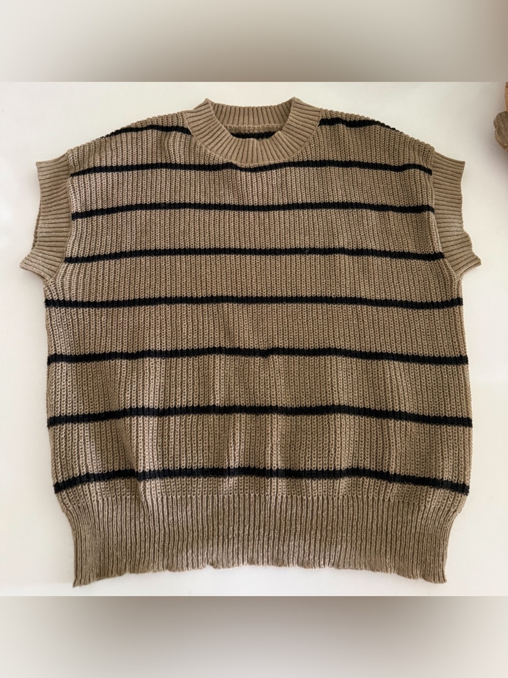 SHEIN Taupe Crewneck Sweater Vest with Black Stripes